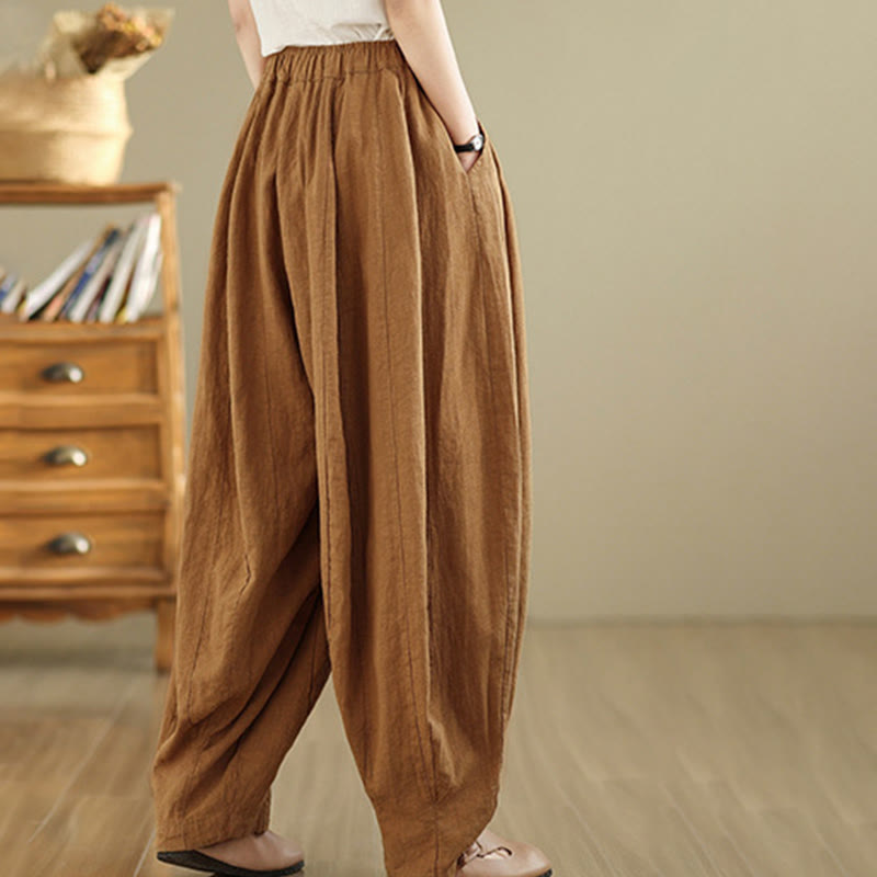 Pantalones anchos de lino y algodón para mujer con diseño de farol y patchwork vintage de Buddha Stones con bolsillos - image 3