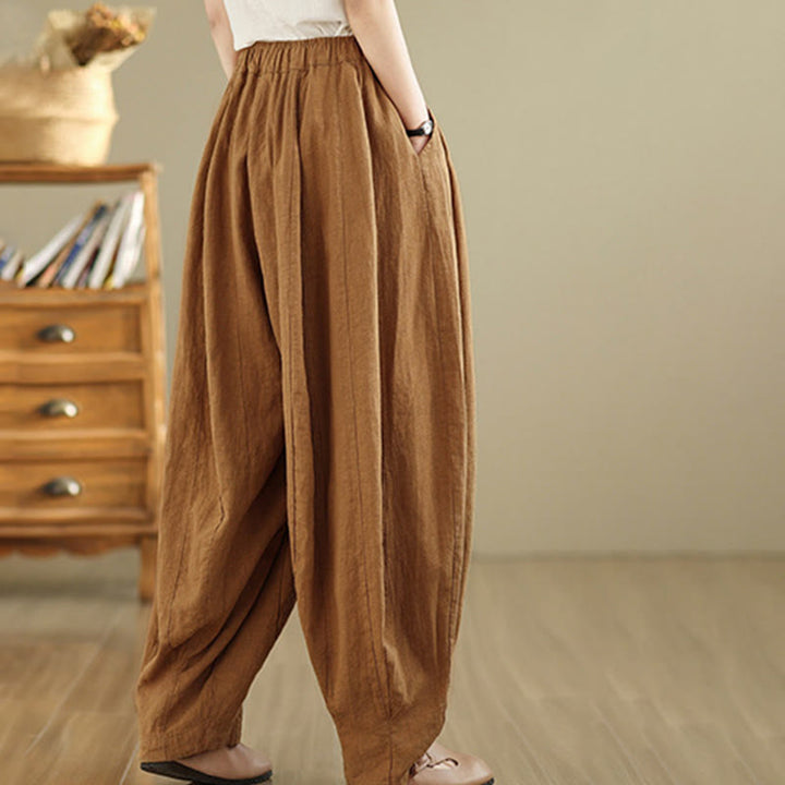 Pantalones anchos de lino y algodón para mujer con diseño de farol y patchwork vintage de Buddha Stones con bolsillos - image 3