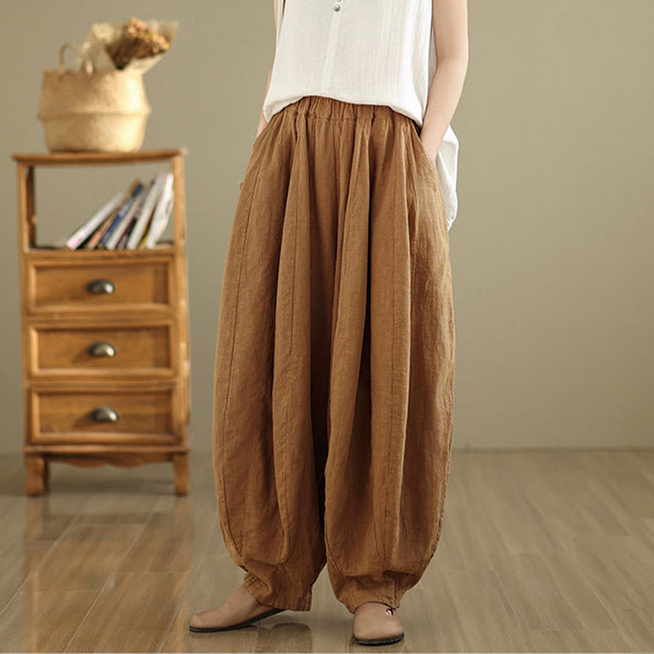Pantalones anchos de lino y algodón para mujer con diseño de farol y patchwork vintage de Buddha Stones con bolsillos - image 4
