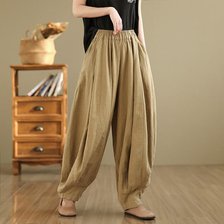 Pantalones anchos de lino y algodón para mujer con diseño de farol y patchwork vintage de Buddha Stones con bolsillos - Caqui oscuro - US8-10，UK/AU12-14，EU40-42 (2XL) - image 13