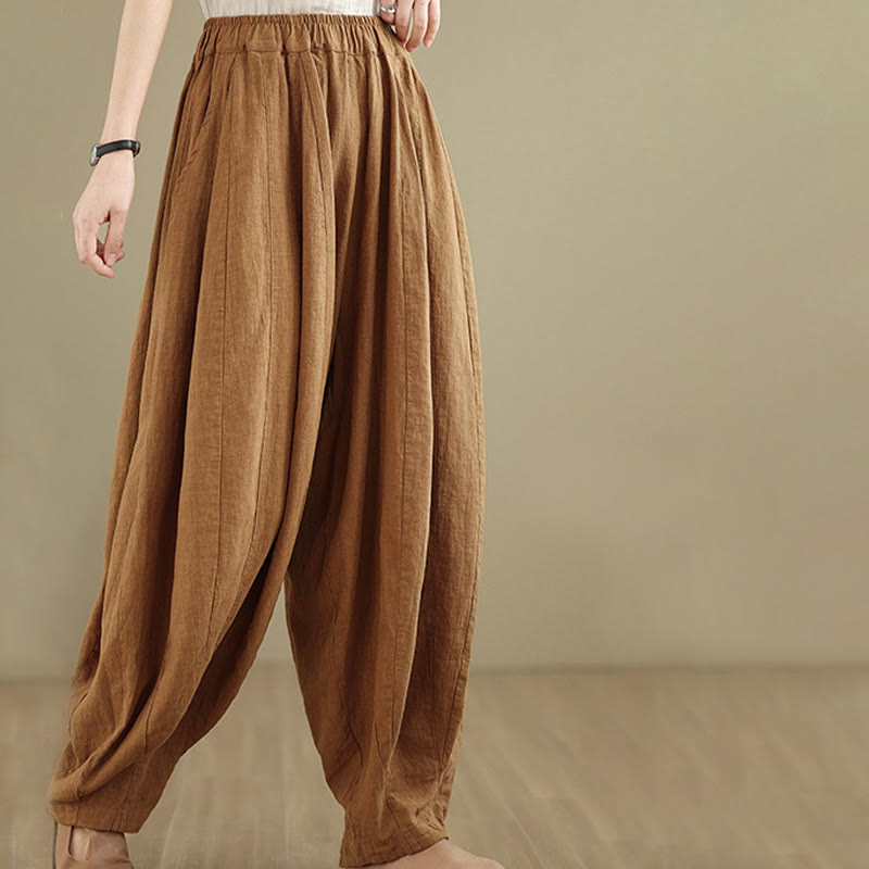 Pantalones anchos de lino y algodón para mujer con diseño de farol y patchwork vintage de Buddha Stones con bolsillos - image 6