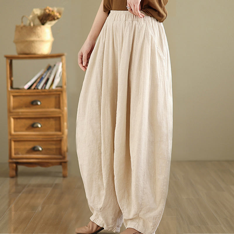 Pantalones anchos de lino y algodón para mujer con diseño de farol y patchwork vintage de Buddha Stones con bolsillos - image 21