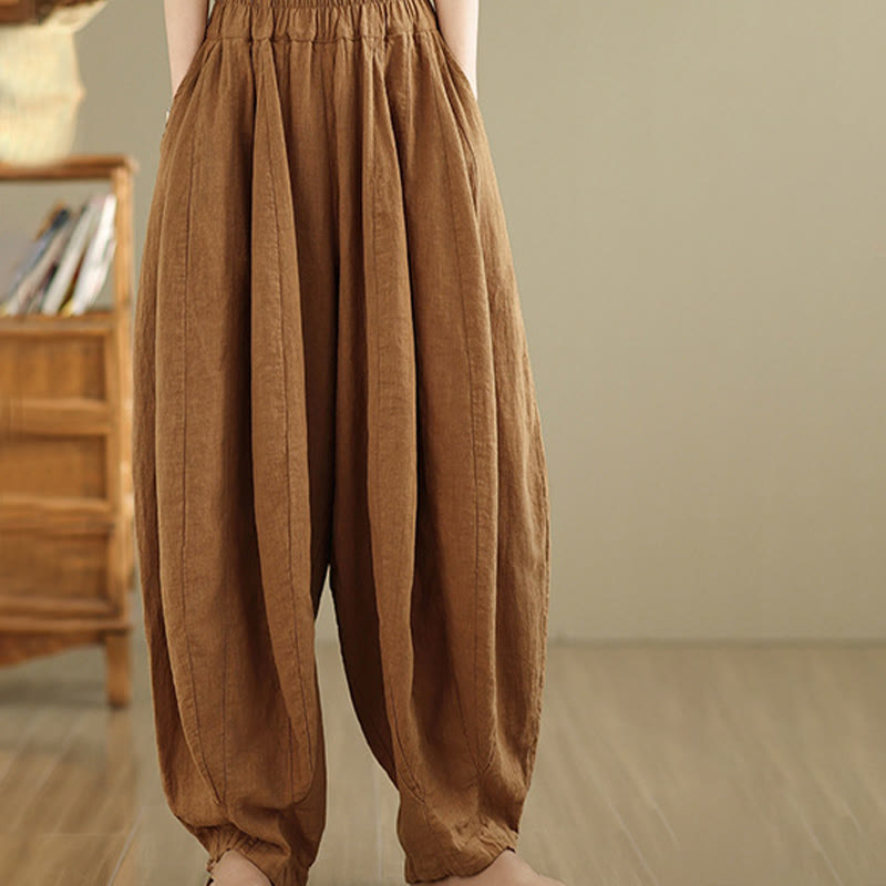 Pantalones anchos de lino y algodón para mujer con diseño de farol y patchwork vintage de Buddha Stones con bolsillos - image 5