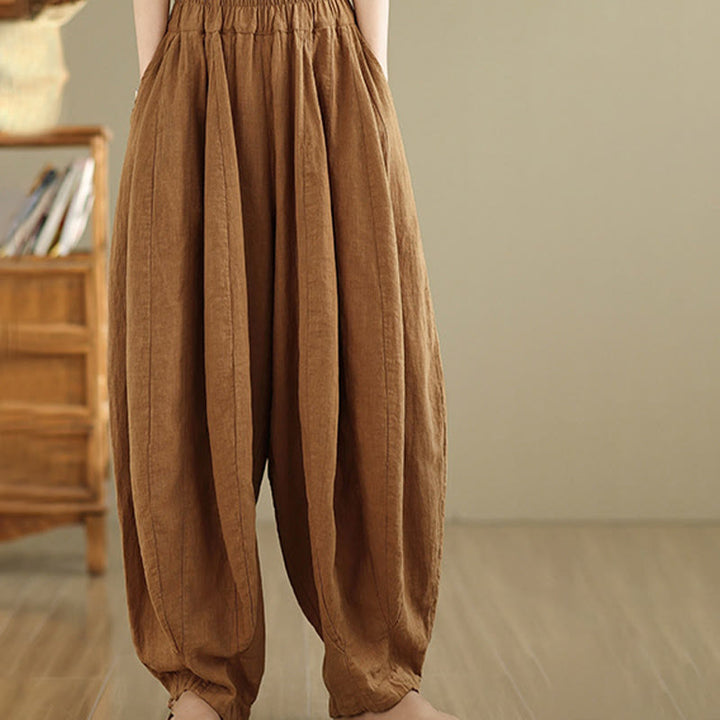 Pantalones anchos de lino y algodón para mujer con diseño de farol y patchwork vintage de Buddha Stones con bolsillos - image 5