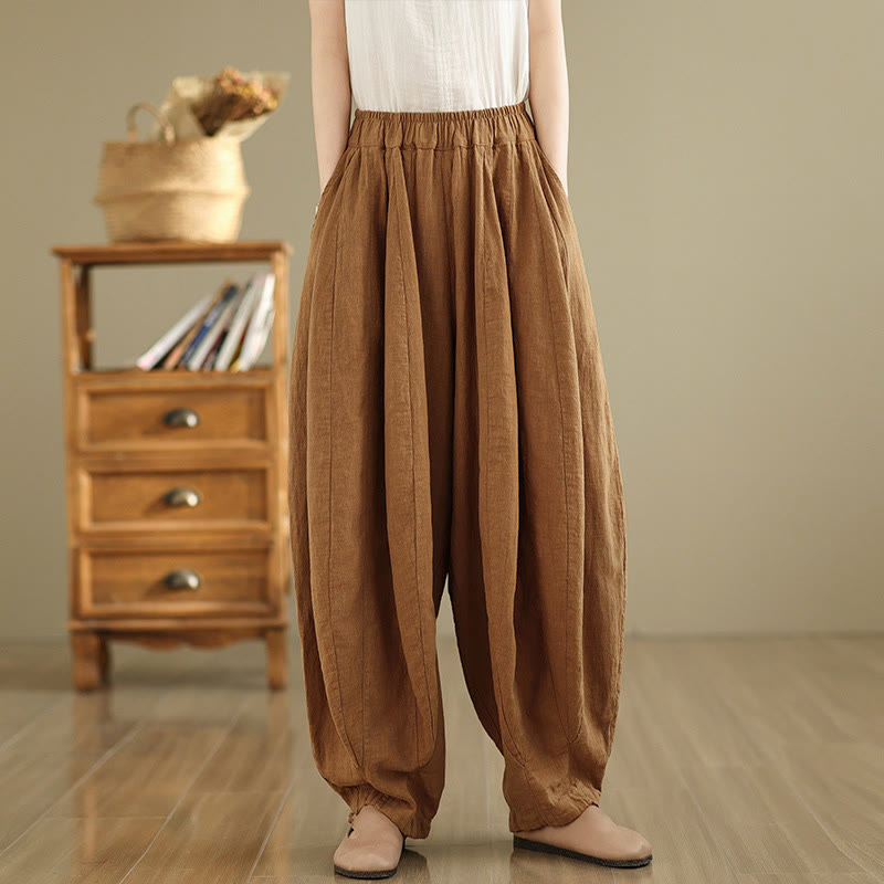 Pantalones anchos de lino y algodón para mujer con diseño de farol y patchwork vintage de Buddha Stones con bolsillos - image 2