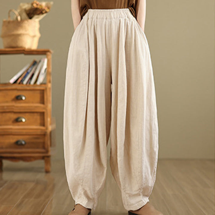 Pantalones anchos de lino y algodón para mujer con diseño de farol y patchwork vintage de Buddha Stones con bolsillos - image 19