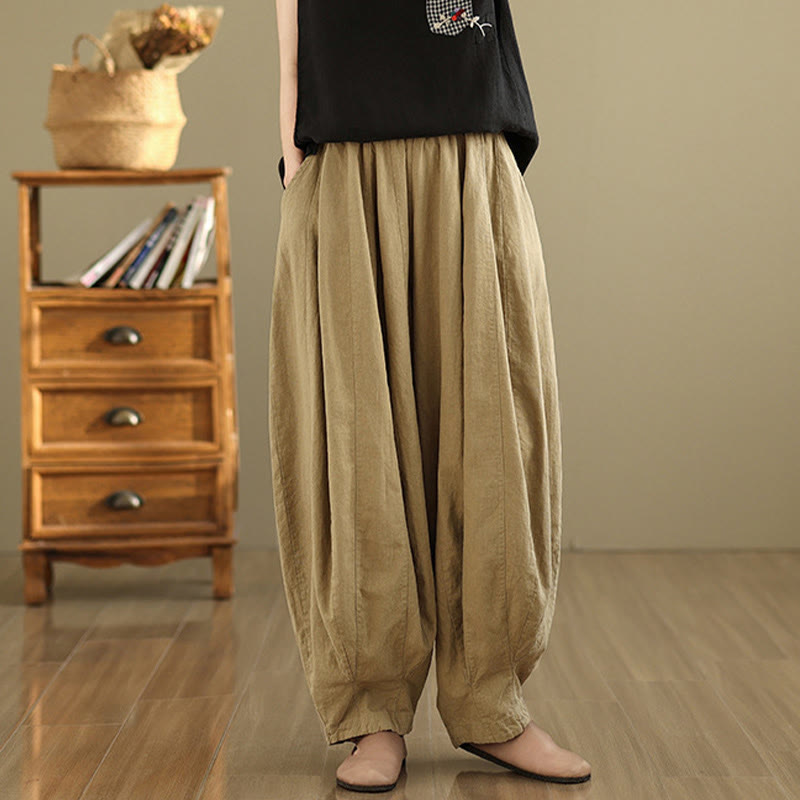 Pantalones anchos de lino y algodón para mujer con diseño de farol y patchwork vintage de Buddha Stones con bolsillos - image 15