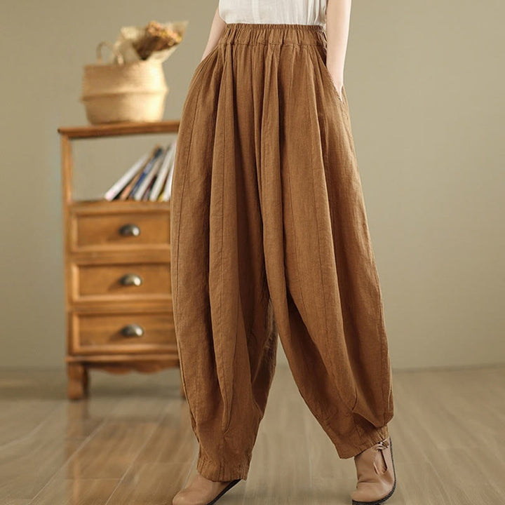 Pantalones anchos de lino y algodón para mujer con diseño de farol y patchwork vintage de Buddha Stones con bolsillos - Chocolate - US8-10，UK/AU12-14，EU40-42 (2XL) - image 0