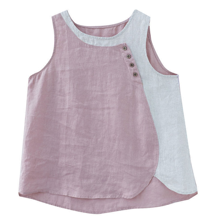 Chaleco de algodón y lino con cuello redondo para mujer, diseño de 2 piezas , con Buddha Stones, a juego en verano