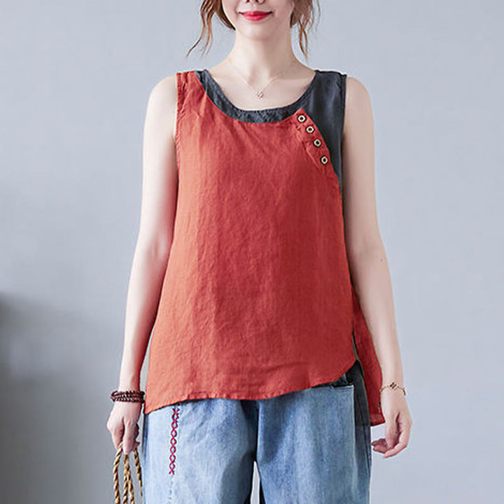 Chaleco de algodón y lino con cuello redondo para mujer, diseño de 2 piezas , con Buddha Stones, a juego en verano