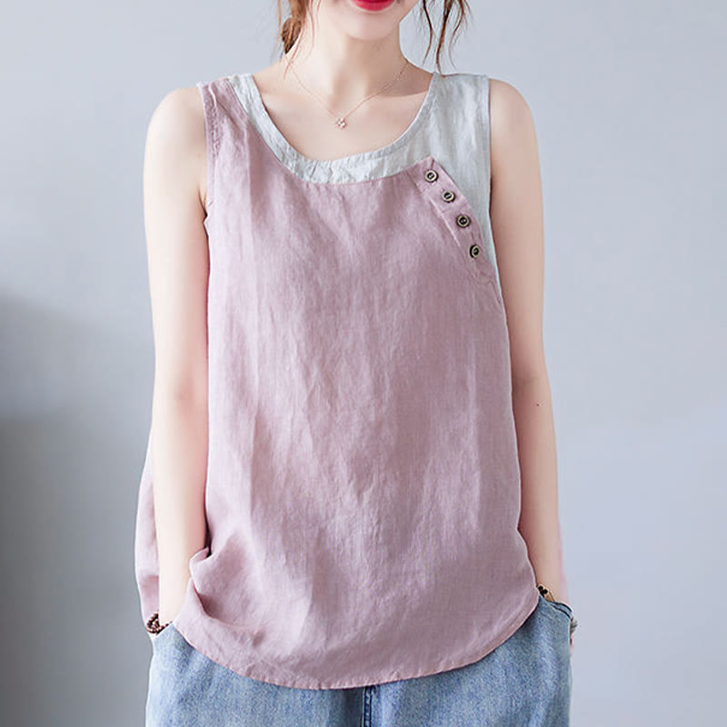 Chaleco de algodón y lino con cuello redondo para mujer, diseño de 2 piezas , con Buddha Stones, a juego en verano