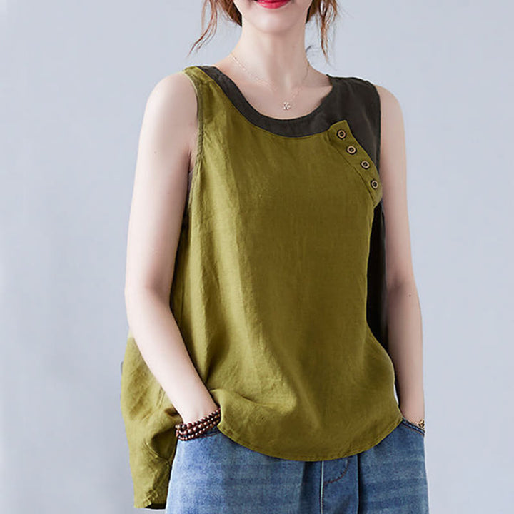 Chaleco de algodón y lino con cuello redondo para mujer, diseño de 2 piezas , con Buddha Stones, a juego en verano