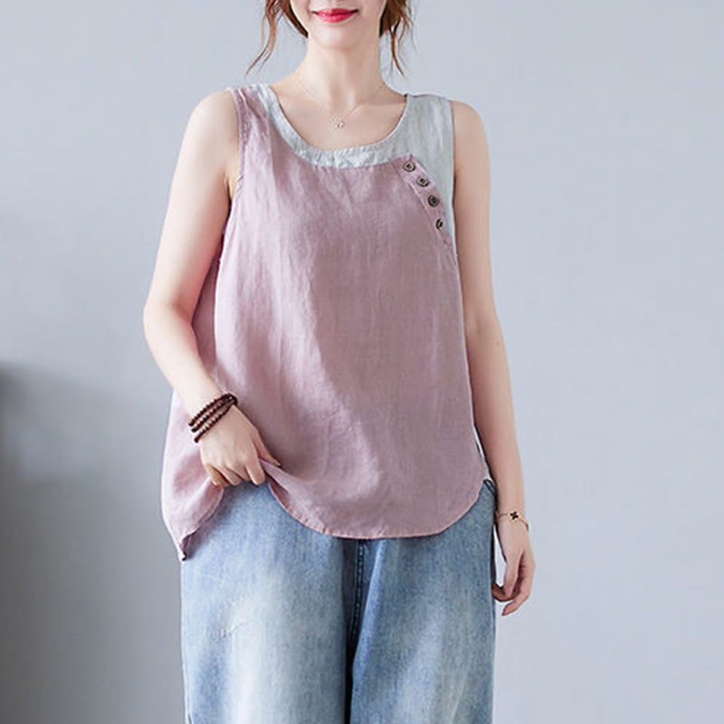 Chaleco de algodón y lino con cuello redondo para mujer, diseño de 2 piezas , con Buddha Stones, a juego en verano