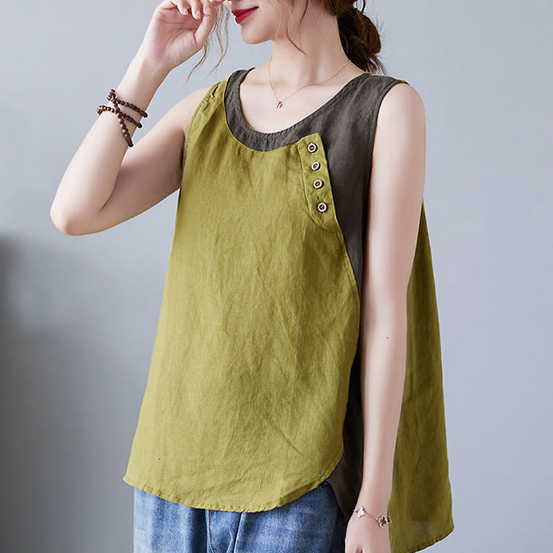 Chaleco de algodón y lino con cuello redondo para mujer, diseño de 2 piezas , con Buddha Stones, a juego en verano