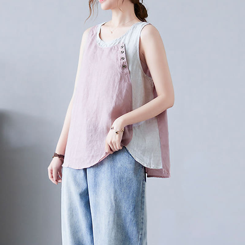 Chaleco de algodón y lino con cuello redondo para mujer, diseño de 2 piezas , con Buddha Stones, a juego en verano