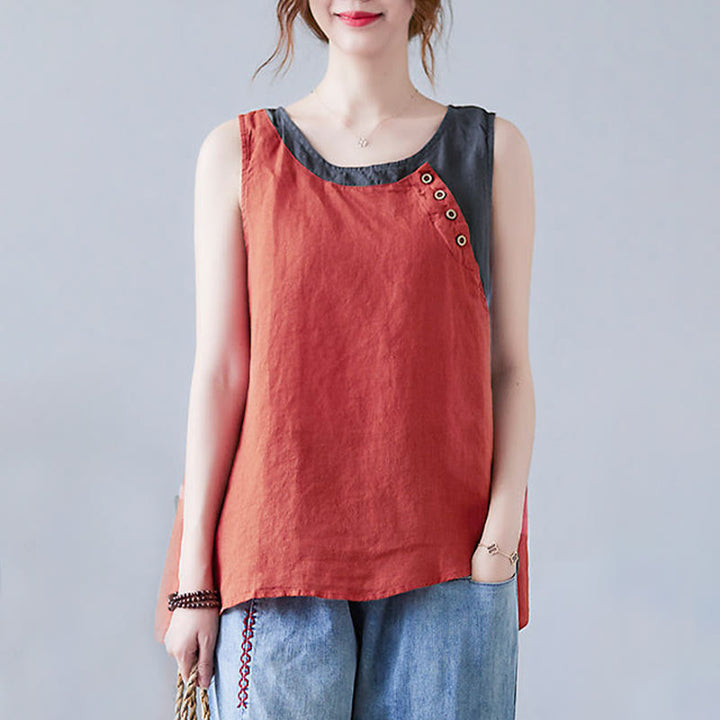 Chaleco de algodón y lino con cuello redondo para mujer, diseño de 2 piezas , con Buddha Stones, a juego en verano