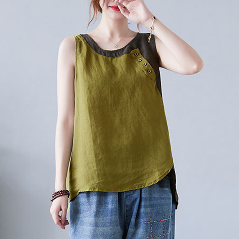 Chaleco de algodón y lino con cuello redondo para mujer, diseño de 2 piezas , con Buddha Stones, a juego en verano