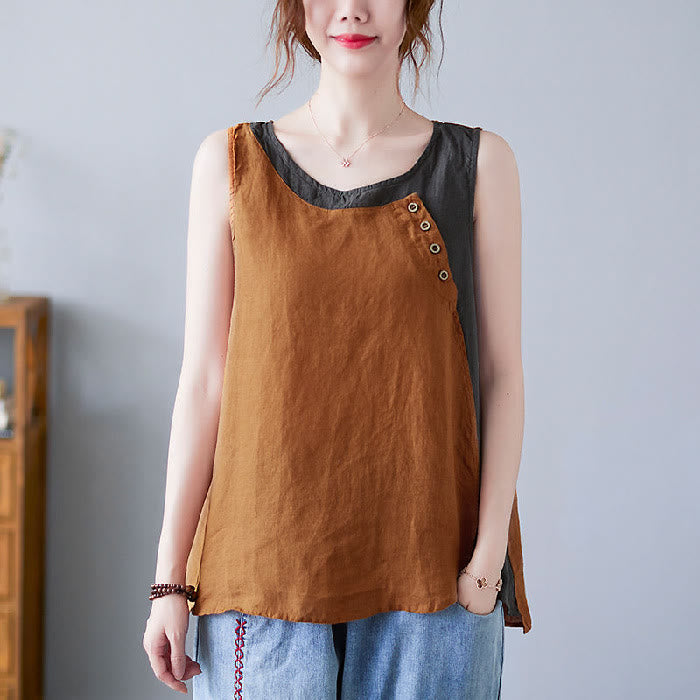 Chaleco de algodón y lino con cuello redondo para mujer, diseño de 2 piezas , con Buddha Stones, a juego en verano