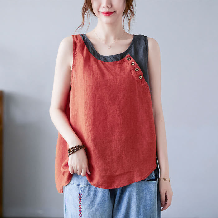 Chaleco de algodón y lino con cuello redondo para mujer, diseño de 2 piezas , con Buddha Stones, a juego en verano