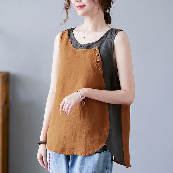 Chaleco de algodón y lino con cuello redondo para mujer, diseño de 2 piezas , con Buddha Stones, a juego en verano