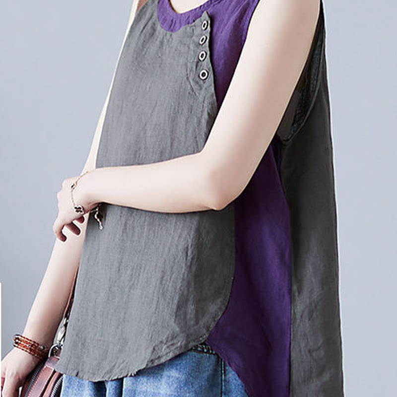 Chaleco de algodón y lino con cuello redondo para mujer, diseño de 2 piezas , con Buddha Stones, a juego en verano