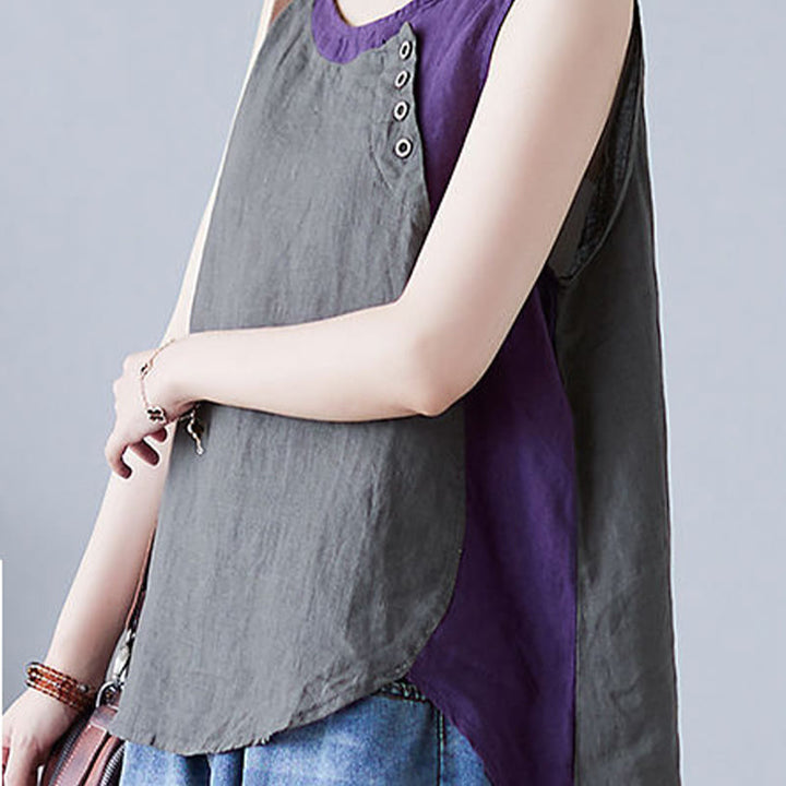 Chaleco de algodón y lino con cuello redondo para mujer, diseño de 2 piezas , con Buddha Stones, a juego en verano