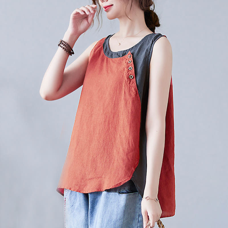 Chaleco de algodón y lino con cuello redondo para mujer, diseño de 2 piezas , con Buddha Stones, a juego en verano