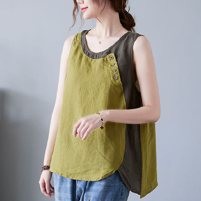 Chaleco de algodón y lino con cuello redondo para mujer, diseño de 2 piezas , con Buddha Stones, a juego en verano