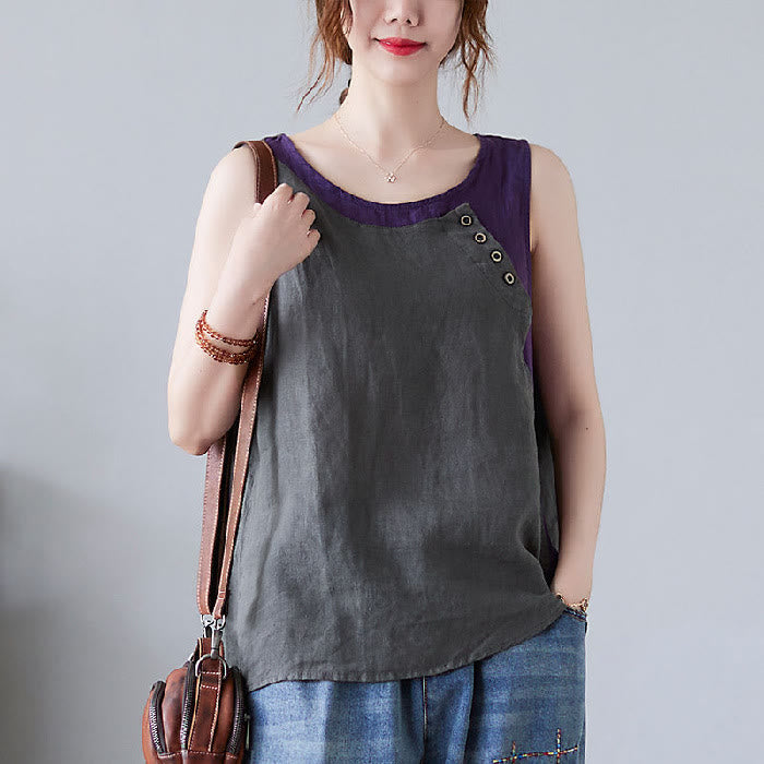 Chaleco de algodón y lino con cuello redondo para mujer, diseño de 2 piezas , con Buddha Stones, a juego en verano