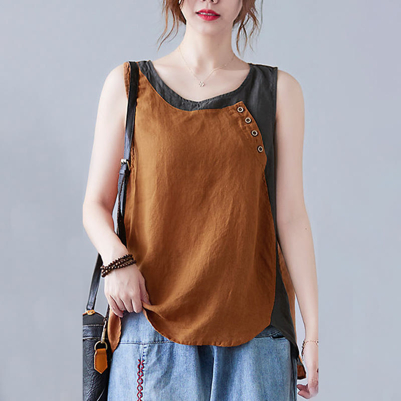 Chaleco de algodón y lino con cuello redondo para mujer, diseño de 2 piezas , con Buddha Stones, a juego en verano