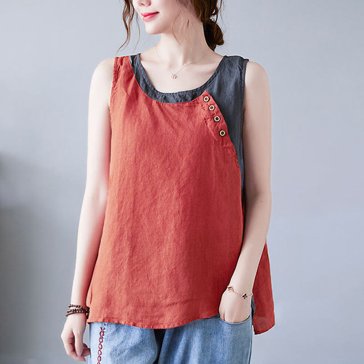 Chaleco de algodón y lino con cuello redondo para mujer, diseño de 2 piezas , con Buddha Stones, a juego en verano
