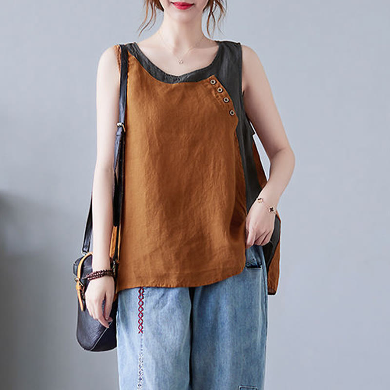 Chaleco de algodón y lino con cuello redondo para mujer, diseño de 2 piezas , con Buddha Stones, a juego en verano
