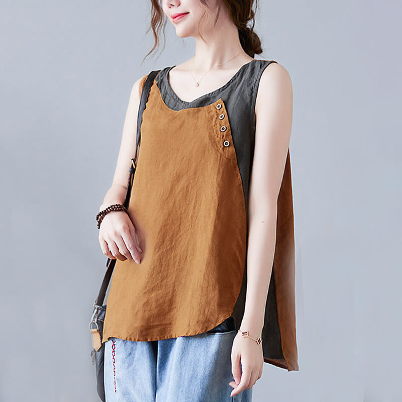Chaleco de algodón y lino con cuello redondo para mujer, diseño de 2 piezas , con Buddha Stones, a juego en verano