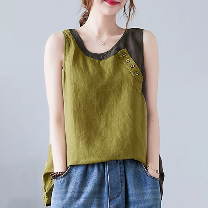 Chaleco de algodón y lino con cuello redondo para mujer, diseño de 2 piezas , con Buddha Stones, a juego en verano