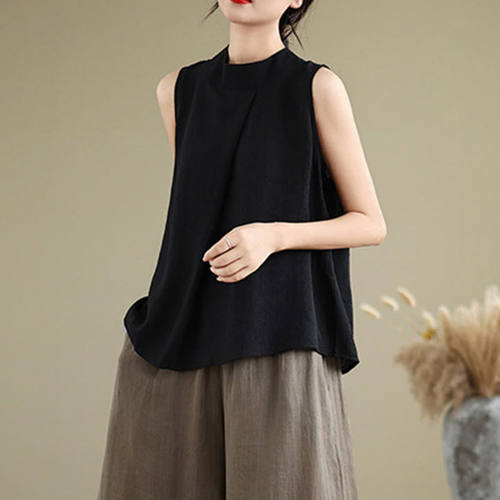 Chaleco sin mangas de algodón y lino para mujer, informal, con diseño de Buddha Stones, liso, con botones en la espalda y cuello alto - image 21