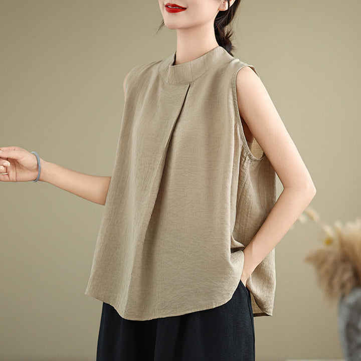 Chaleco sin mangas de algodón y lino para mujer, informal, con diseño de Buddha Stones, liso, con botones en la espalda y cuello alto - image 12