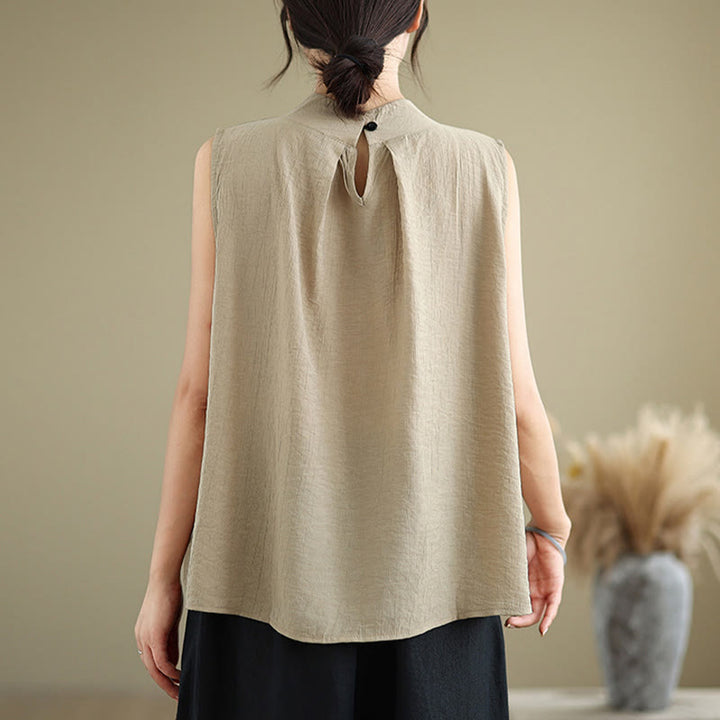 Chaleco sin mangas de algodón y lino para mujer, informal, con diseño de Buddha Stones, liso, con botones en la espalda y cuello alto - image 16