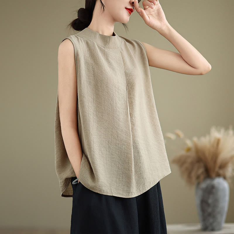 Chaleco sin mangas de algodón y lino para mujer, informal, con diseño de Buddha Stones, liso, con botones en la espalda y cuello alto - Vara de oro pálida - US8-10，UK/AU12-14，EU40-42 (2XL) - image 11