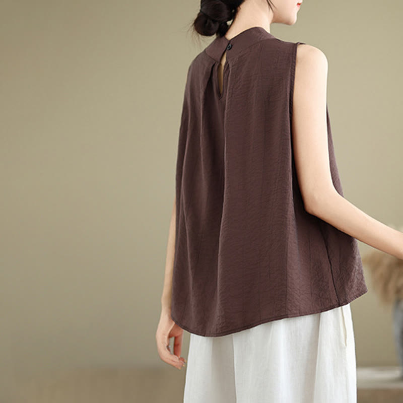 Chaleco sin mangas de algodón y lino para mujer, informal, con diseño de Buddha Stones, liso, con botones en la espalda y cuello alto - image 6