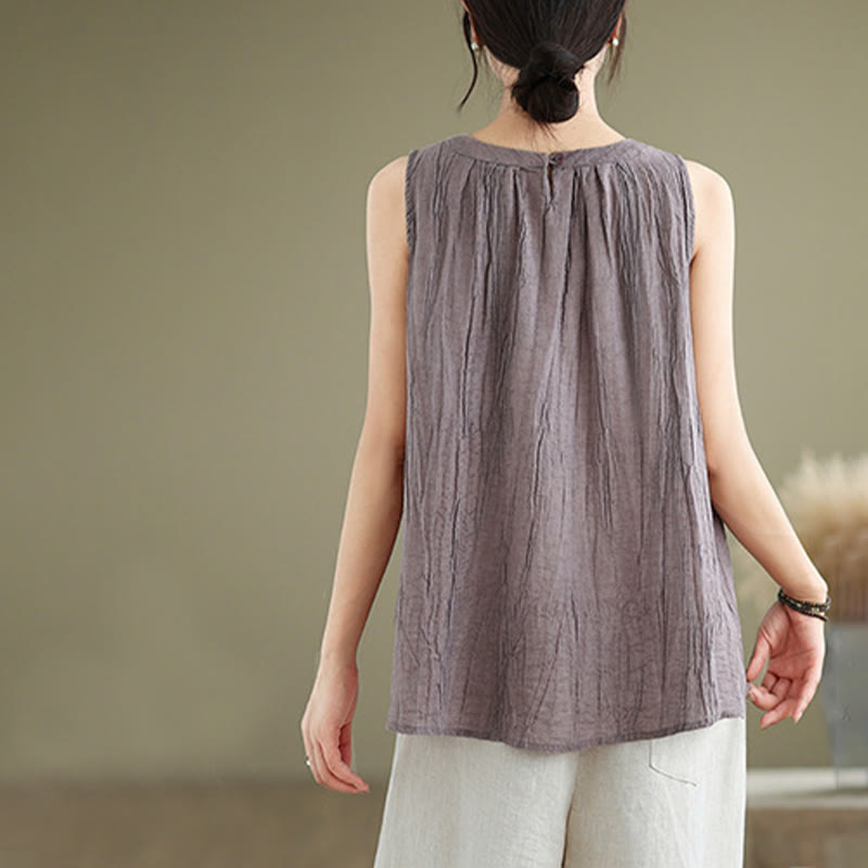 Chaleco sin mangas de algodón y lino con cuello redondo y diseño simple de arrugas de verano para mujer con Buddha Stones - image 23