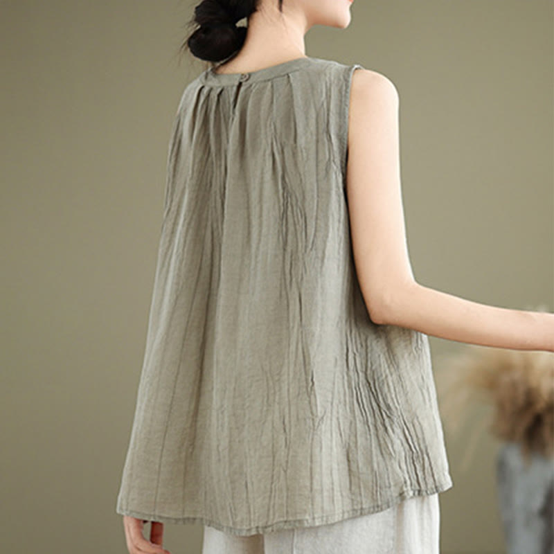Chaleco sin mangas de algodón y lino con cuello redondo y diseño simple de arrugas de verano para mujer con Buddha Stones - image 2