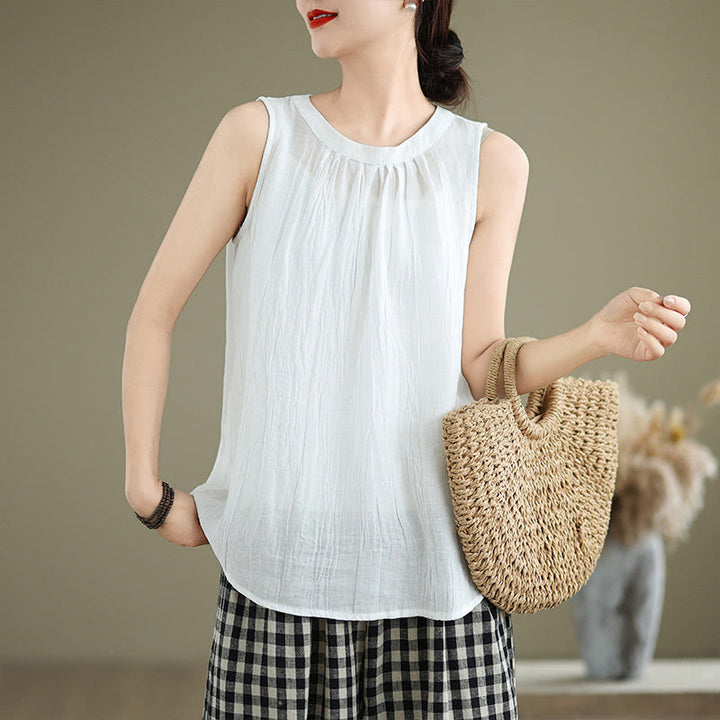 Chaleco sin mangas de algodón y lino con cuello redondo y diseño simple de arrugas de verano para mujer con Buddha Stones - Blanco - US8-10，UK/AU12-14，EU40-42 (2XL) - image 10