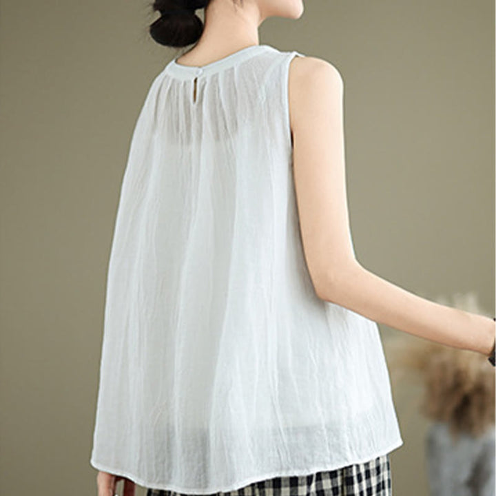 Chaleco sin mangas de algodón y lino con cuello redondo y diseño simple de arrugas de verano para mujer con Buddha Stones - image 14
