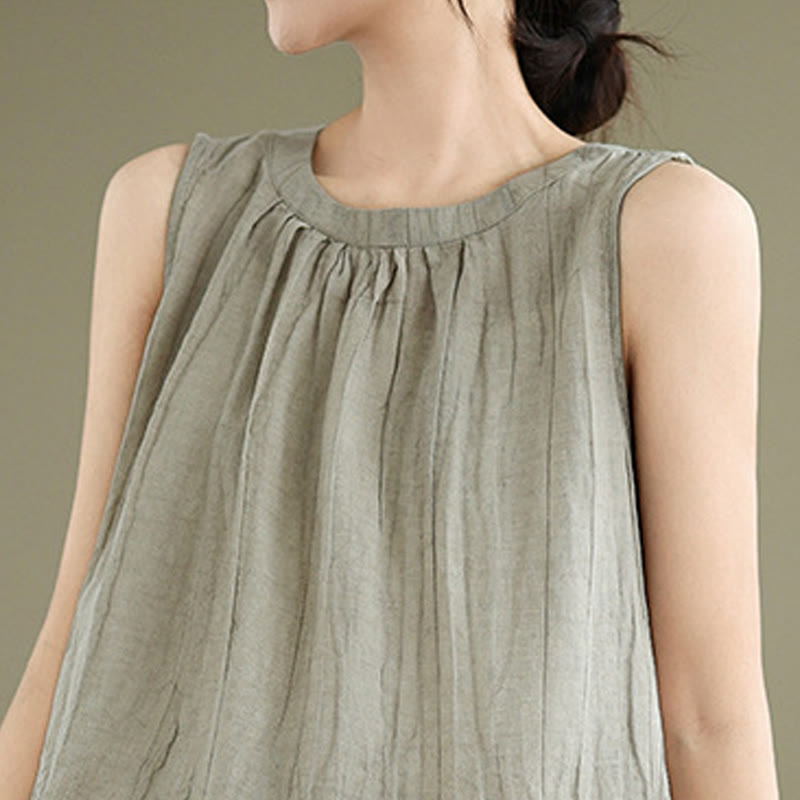 Chaleco sin mangas de algodón y lino con cuello redondo y diseño simple de arrugas de verano para mujer con Buddha Stones - image 4