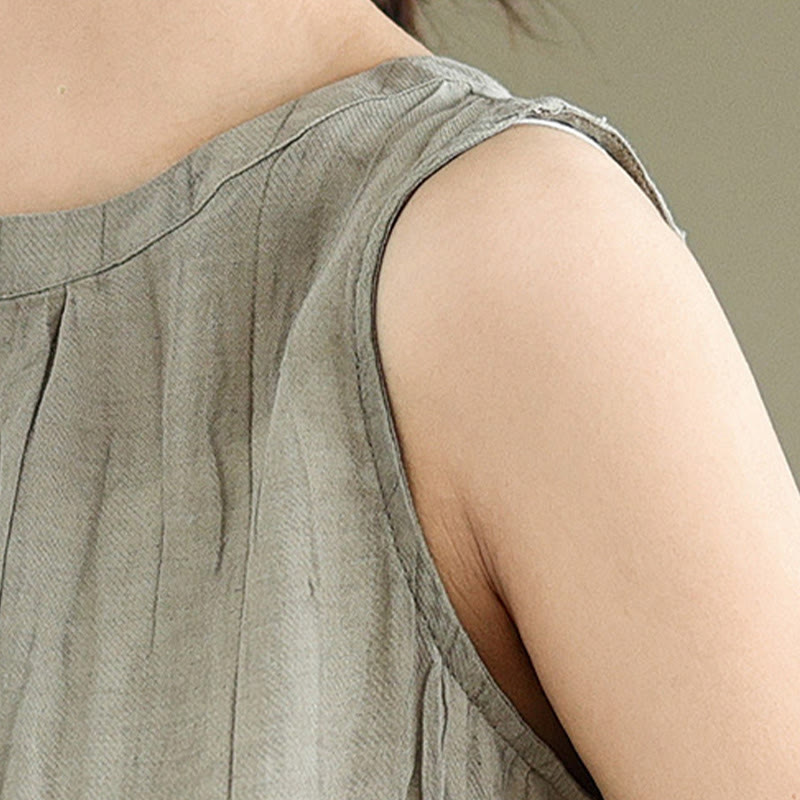 Chaleco sin mangas de algodón y lino con cuello redondo y diseño simple de arrugas de verano para mujer con Buddha Stones - image 7