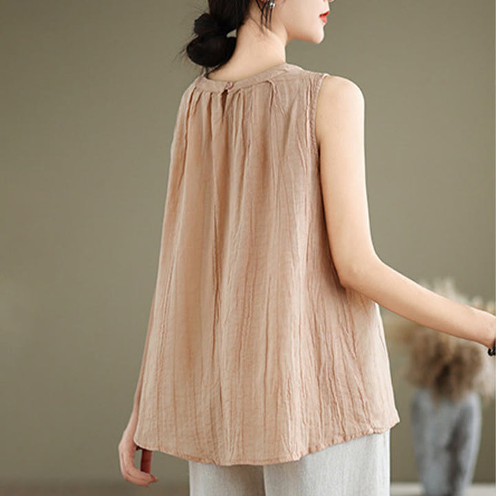 Chaleco sin mangas de algodón y lino con cuello redondo y diseño simple de arrugas de verano para mujer con Buddha Stones - image 29