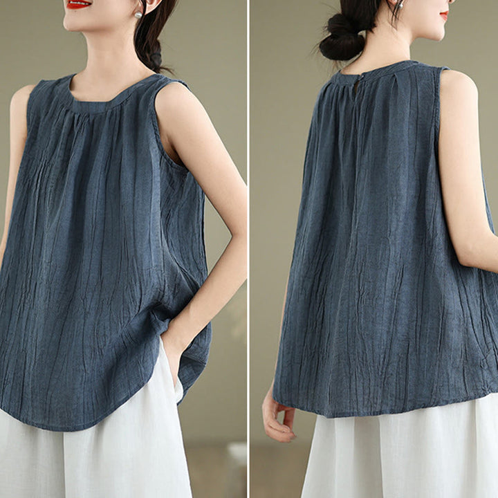 Chaleco sin mangas de algodón y lino con cuello redondo y diseño simple de arrugas de verano para mujer con Buddha Stones - image 19