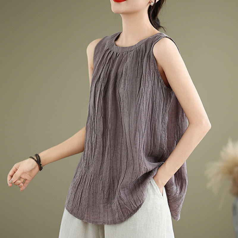 Chaleco sin mangas de algodón y lino con cuello redondo y diseño simple de arrugas de verano para mujer con Buddha Stones - image 21