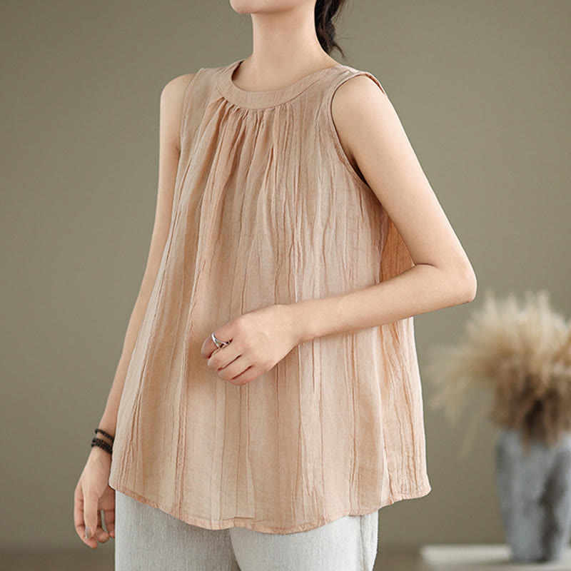 Chaleco sin mangas de algodón y lino con cuello redondo y diseño simple de arrugas de verano para mujer con Buddha Stones - image 28