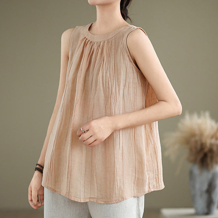 Chaleco sin mangas de algodón y lino con cuello redondo y diseño simple de arrugas de verano para mujer con Buddha Stones - image 28